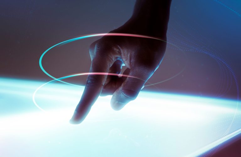 Hand using virtual screen advanced technology digital remix